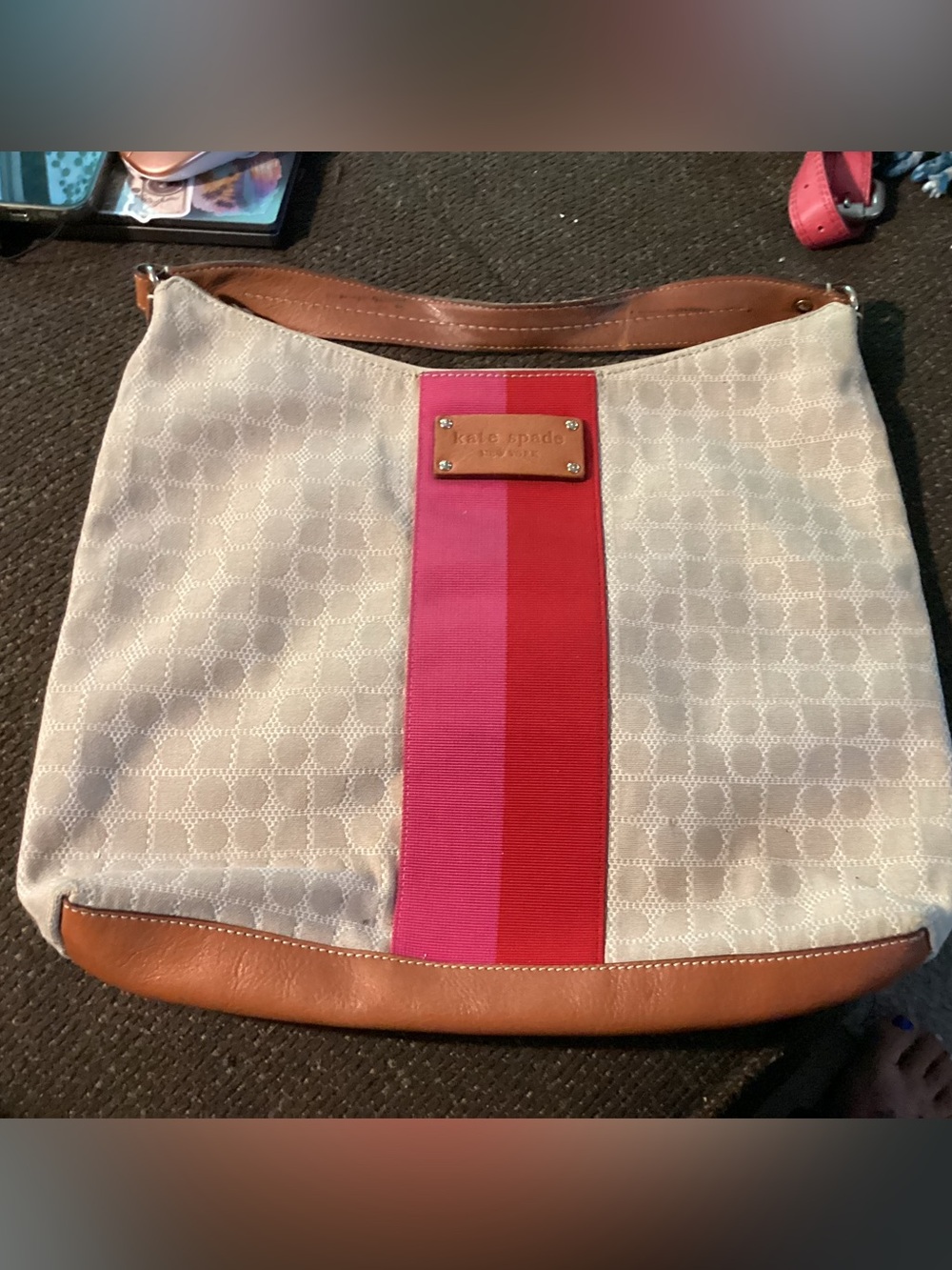 kate spade Neutral Canvas Shoulder Bag with Pink and Red Center Stripe